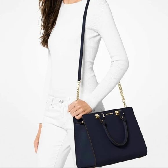 Michael Kors Quinn Navy Satchel Leather Shoulder Handbag - Picture 10 of 10